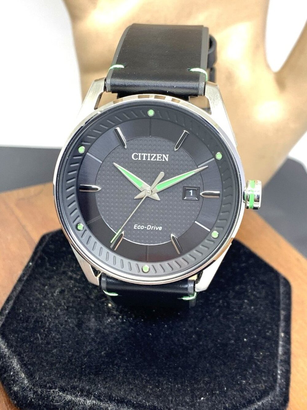Citizen Men's Watch BM6980-08E Eco-Drive Green Black Dial Leather Band 42mm